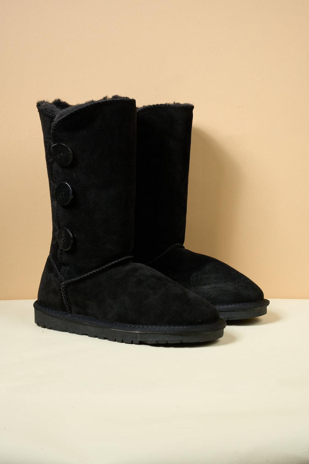 UGG Side Button Faux Fur-Lined Leather Suede Boots - Black