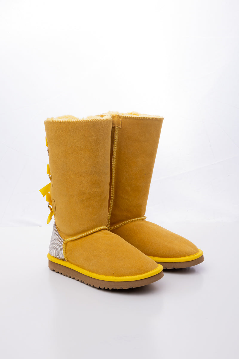 UGG Rhinestone Ribbon Tri-Tie Bow Suede Boots - Yellow
