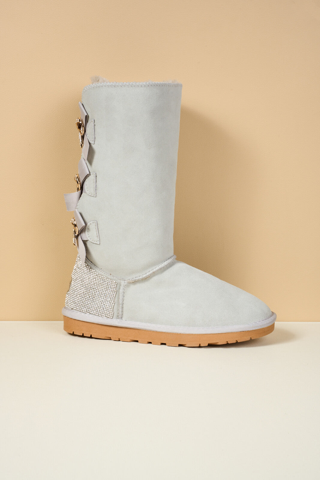 UGG Rhinestone Ribbon Tri-Tie Bow Suede Boots - Pale