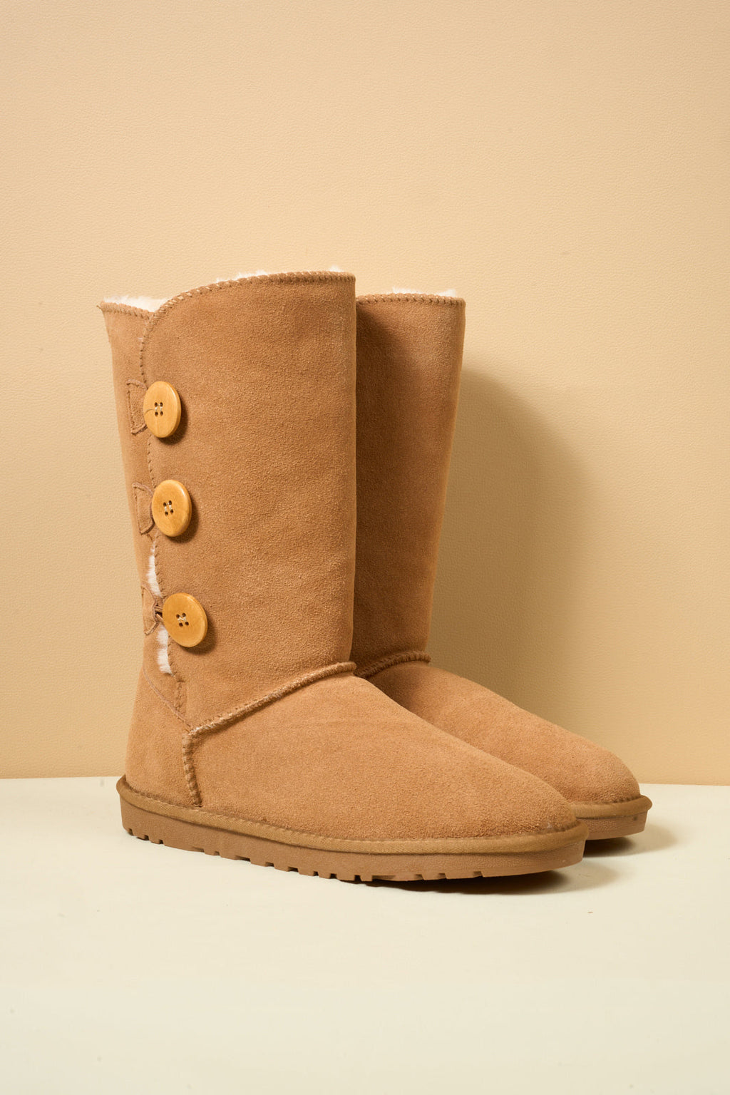 UGG Side Button Faux Fur-Lined Leather Suede Boots - Chestnut
