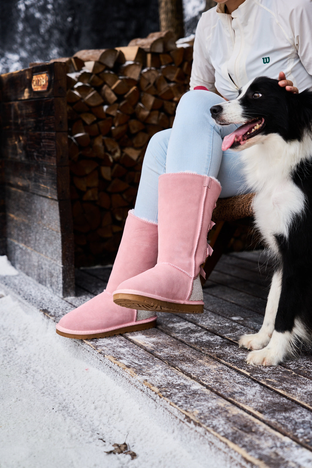 UGG Rhinestone Ribbon Tri-Tie Bow Suede Boots - Pink