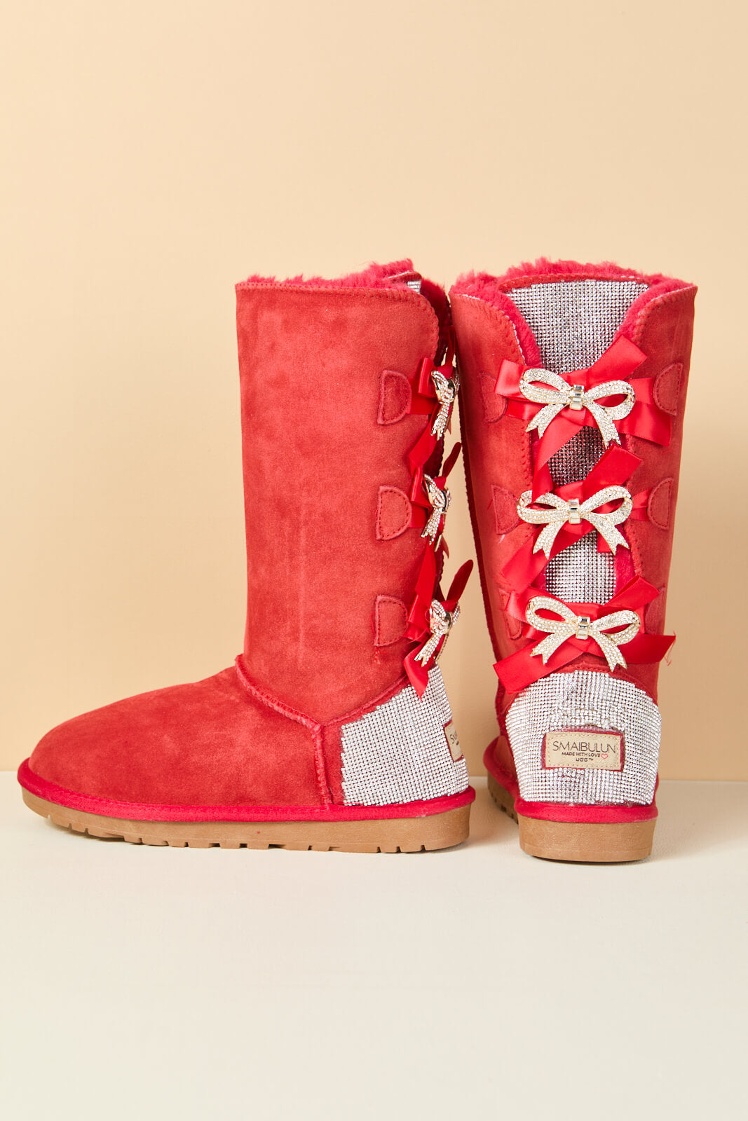 UGG Rhinestone Ribbon Tri-Tie Bow Suede Boots - Candy