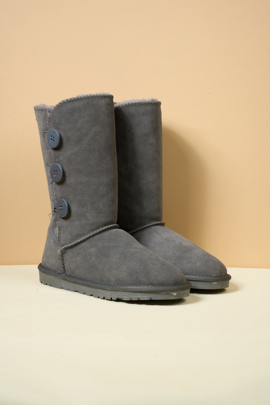 UGG Side Button Faux Fur-Lined Leather Suede Boots - Grey