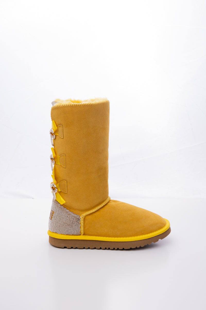 UGG Rhinestone Ribbon Tri-Tie Bow Suede Boots - Yellow