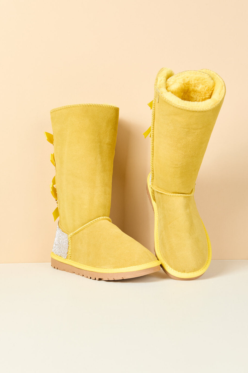 UGG Rhinestone Ribbon Tri-Tie Bow Suede Boots - Lemon