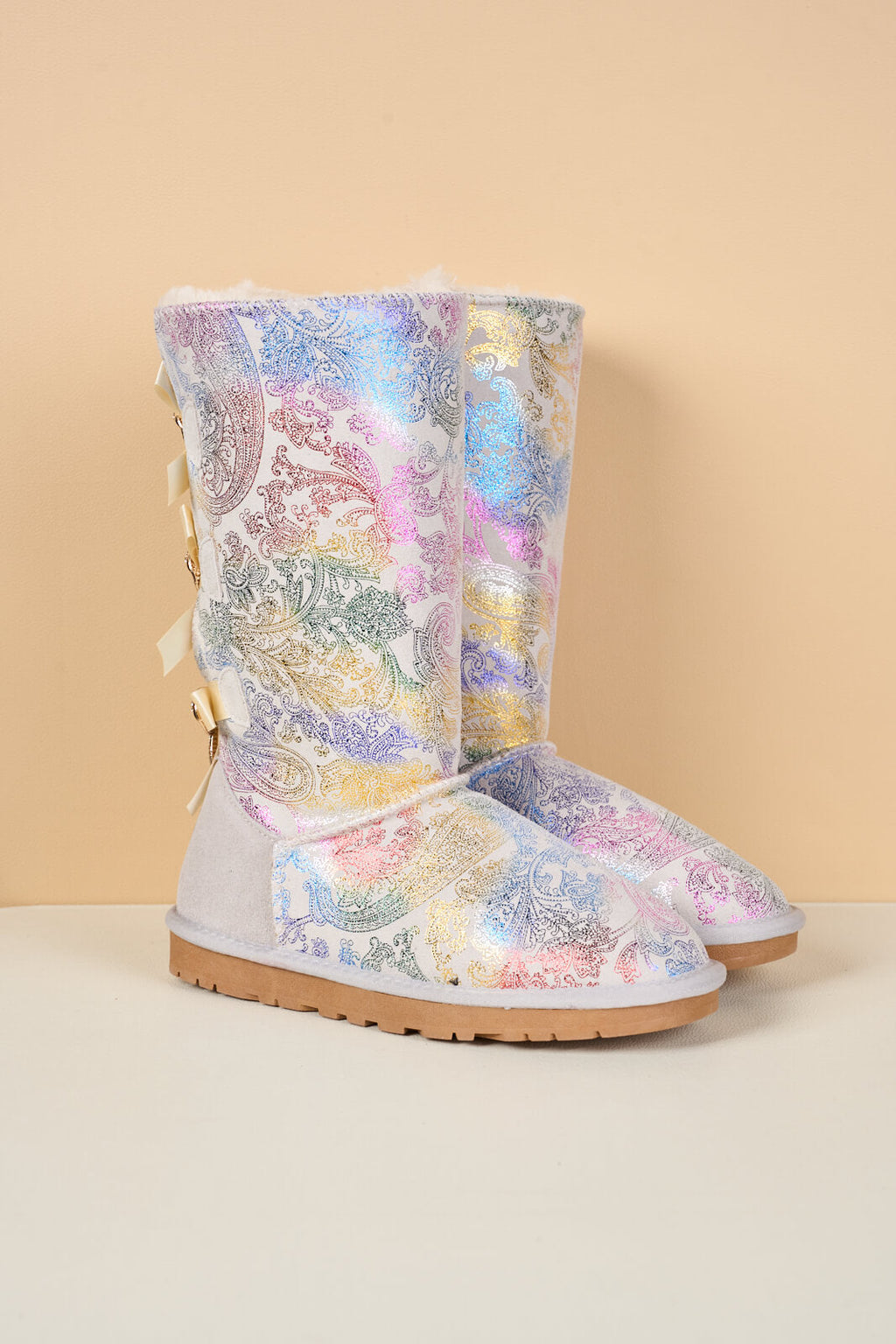 UGG Rhinestone Ribbon Tri-Tie Bow Suede Boots - Multi