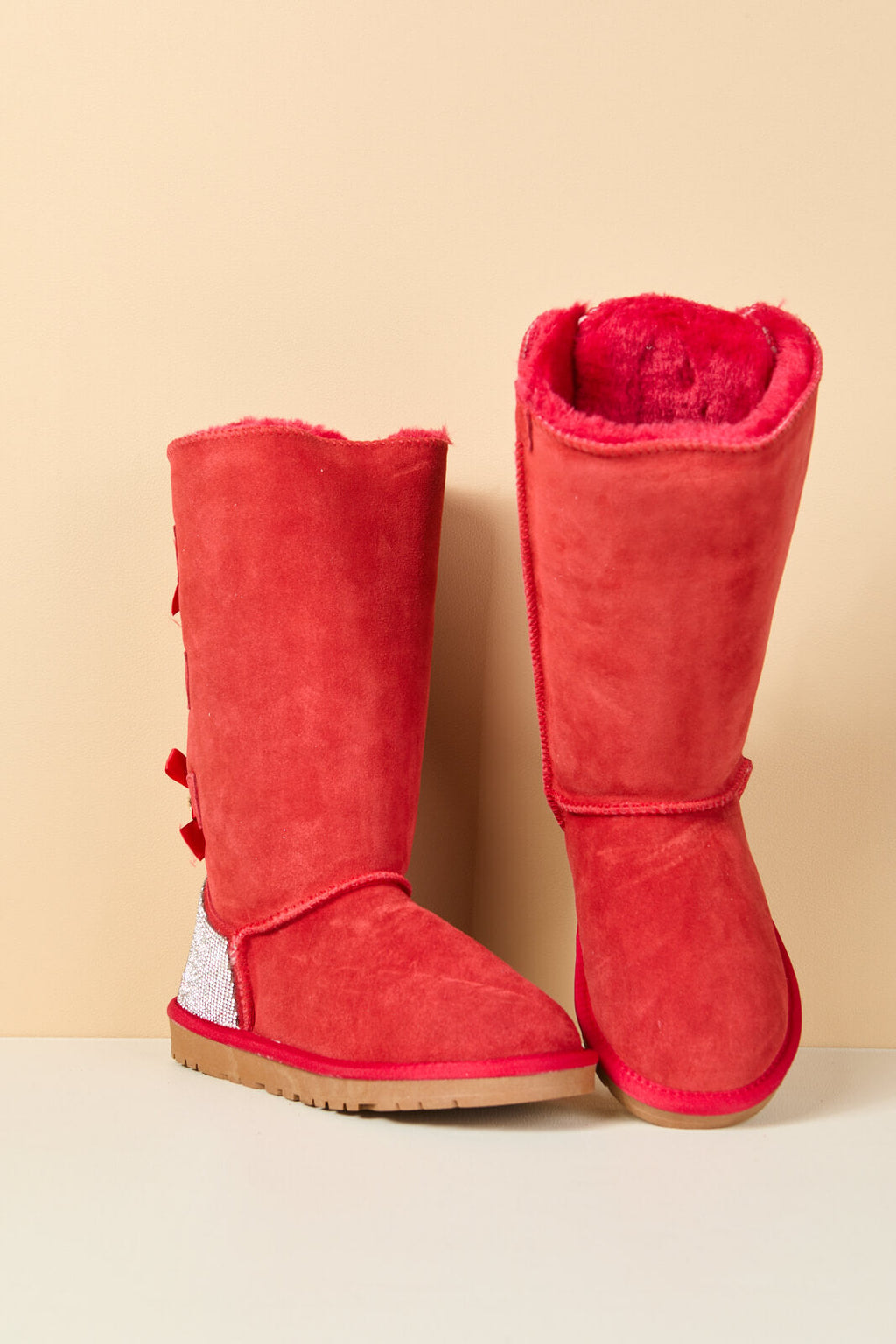 UGG Rhinestone Ribbon Tri-Tie Bow Suede Boots - Candy