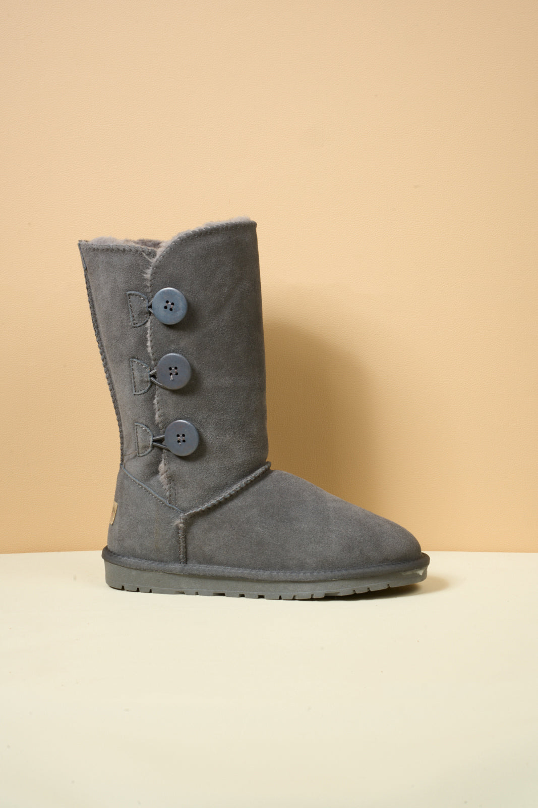 UGG Side Button Faux Fur-Lined Leather Suede Boots - Grey