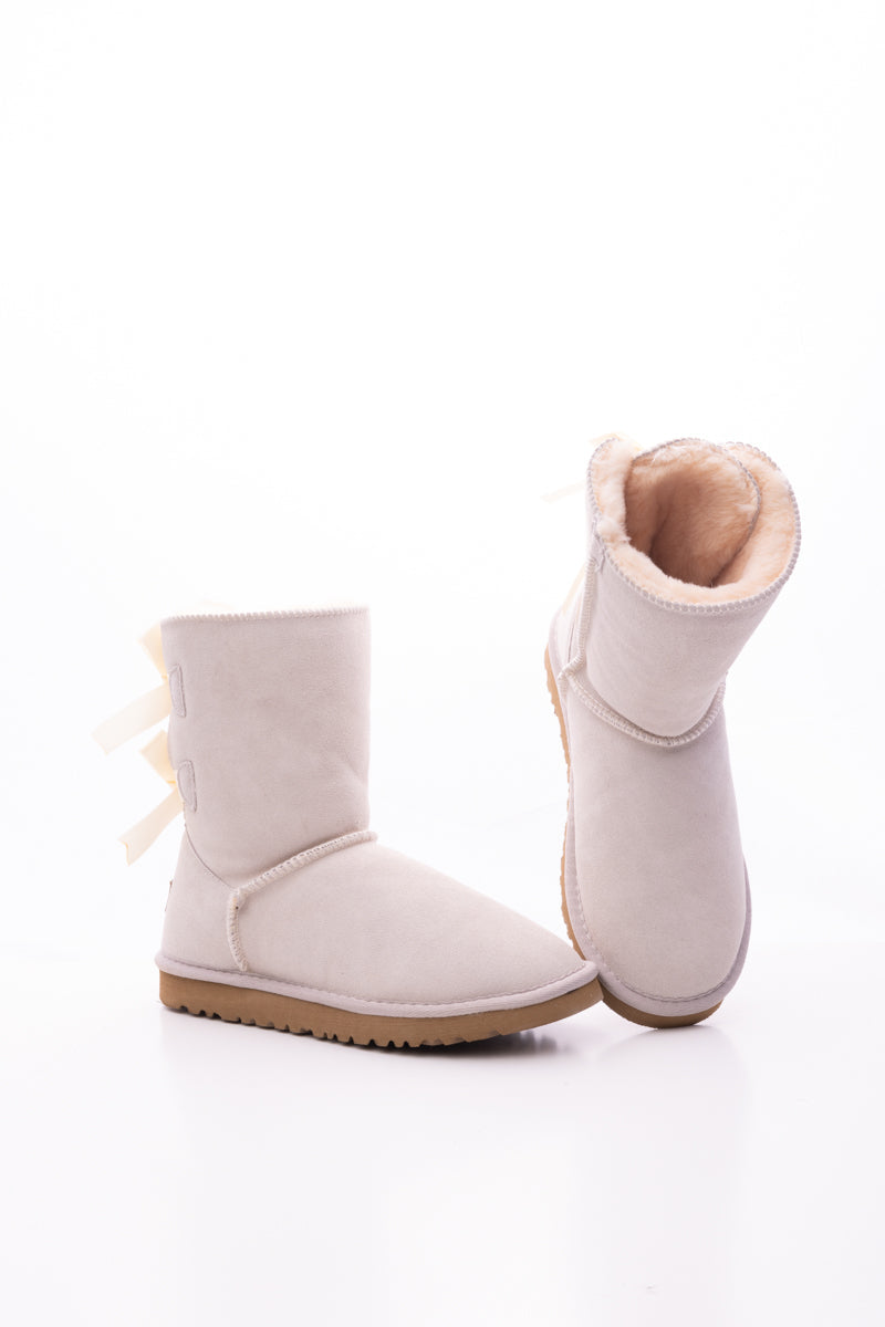UGG Double Ballet Ribbon Bow Suede Shearling Boots - Ivory