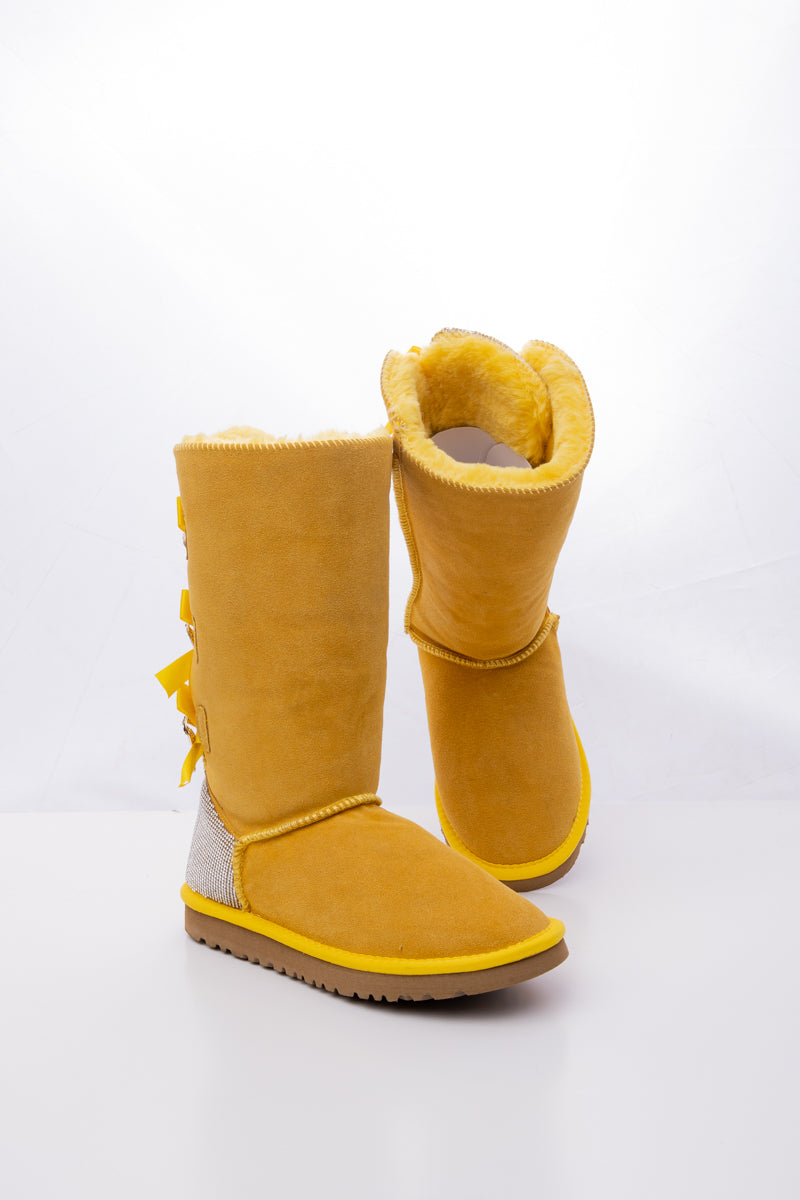 UGG Rhinestone Ribbon Tri-Tie Bow Suede Boots - Yellow