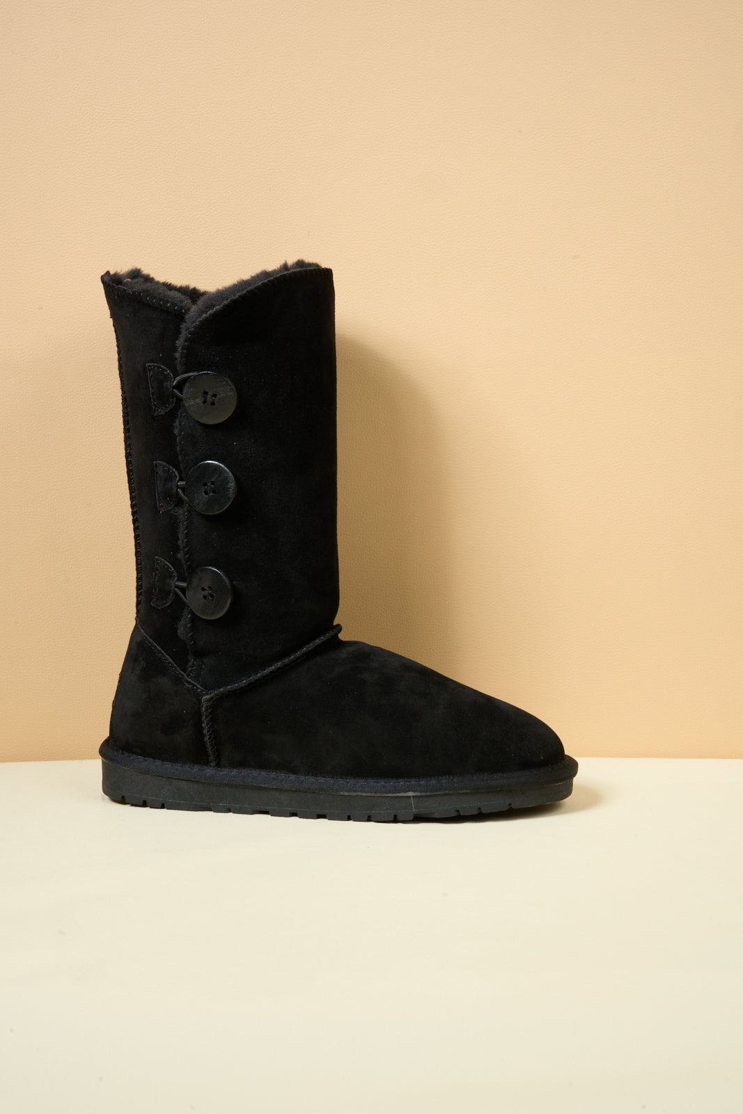 UGG Side Button Faux Fur-Lined Leather Suede Boots - Black