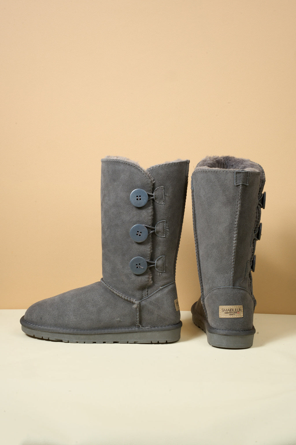 UGG Side Button Faux Fur-Lined Leather Suede Boots - Grey