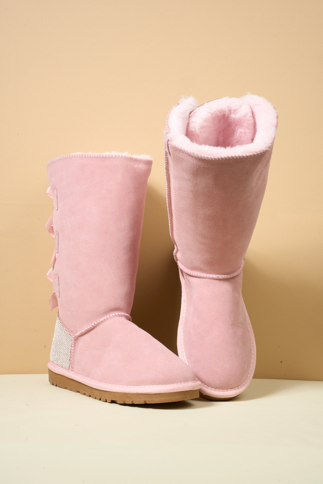 UGG Rhinestone Ribbon Tri-Tie Bow Suede Boots - Pink