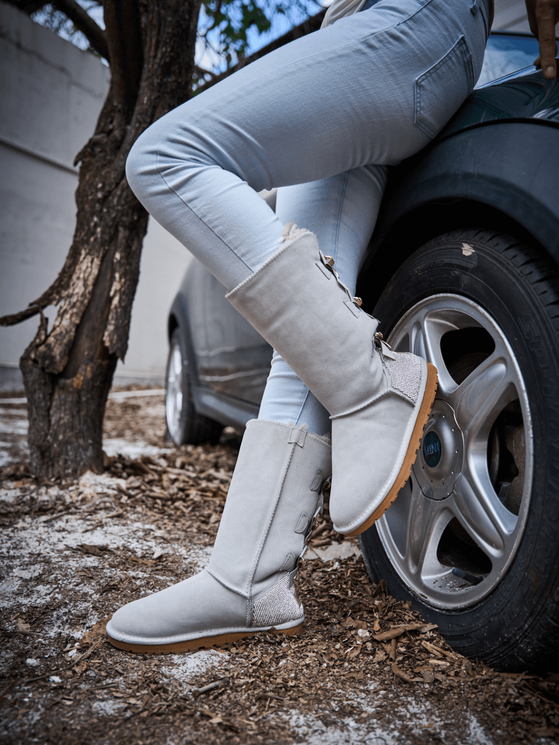 UGG Rhinestone Ribbon Tri-Tie Bow Suede Boots - Pale