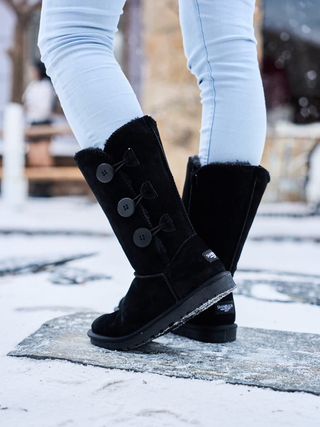 UGG Side Button Faux Fur-Lined Leather Suede Boots - Black