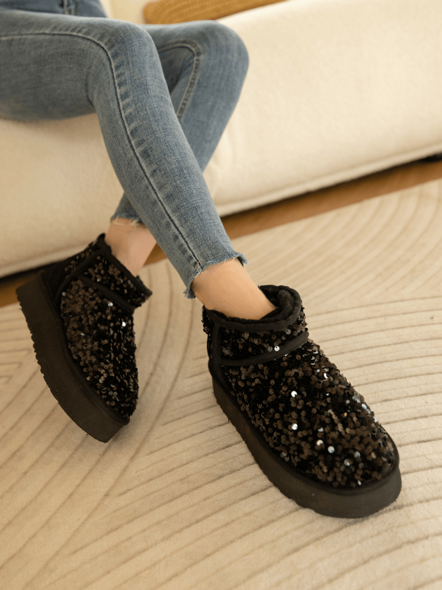 UGG Mini Glitter Low Ankle Platform Boots - Black