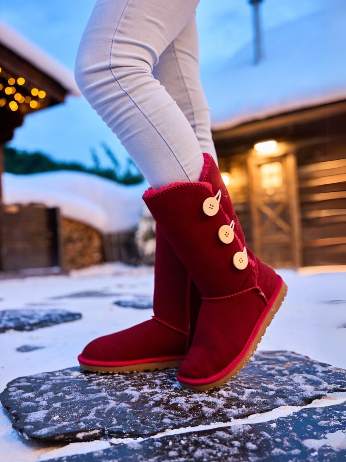 UGG Side Button Faux Fur-Lined Leather Suede Boots - Red