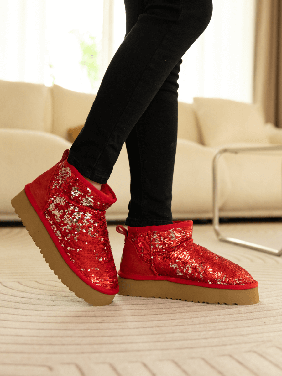 UGG Mini Glitter Low Ankle Platform Boots - Red