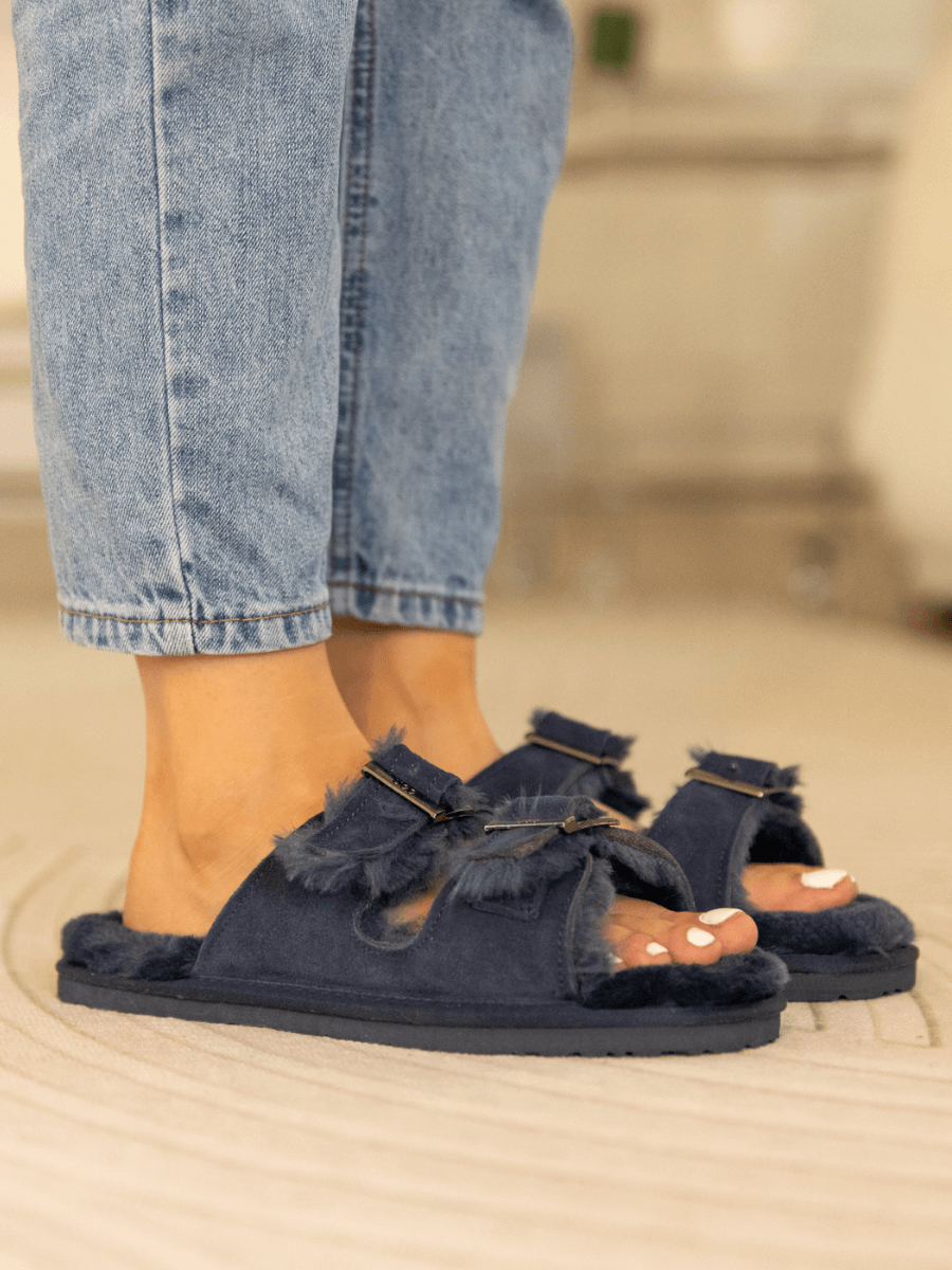 UGG Woolen Lined Double-Strap Suede Sandal - Navy