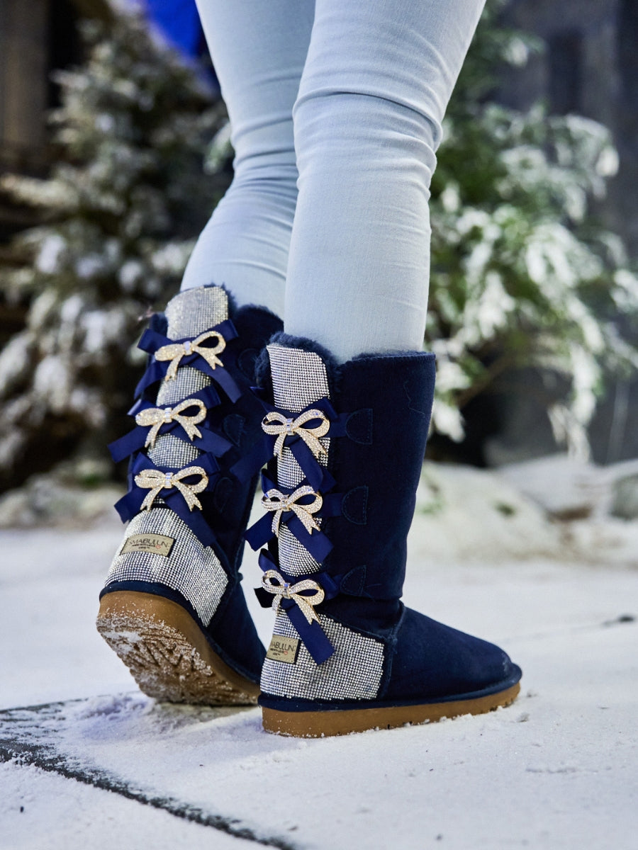 UGG Rhinestone Ribbon Tri-Tie Bow Suede Boots - Navy