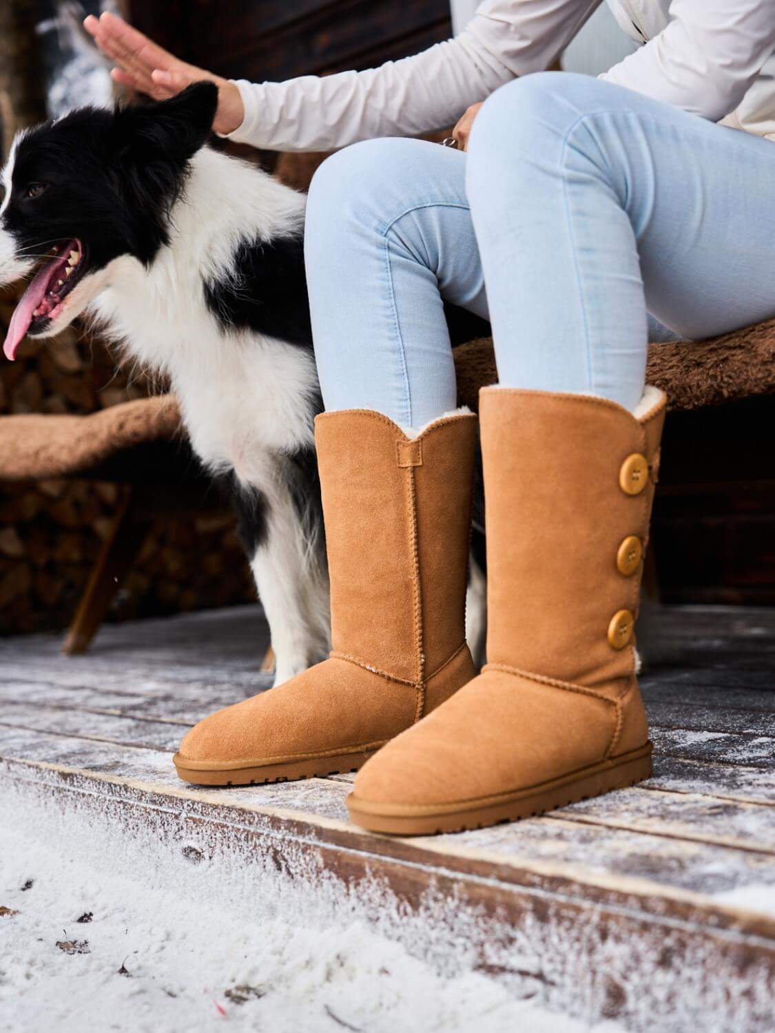 UGG Side Button Faux Fur-Lined Leather Suede Boots - Chestnut