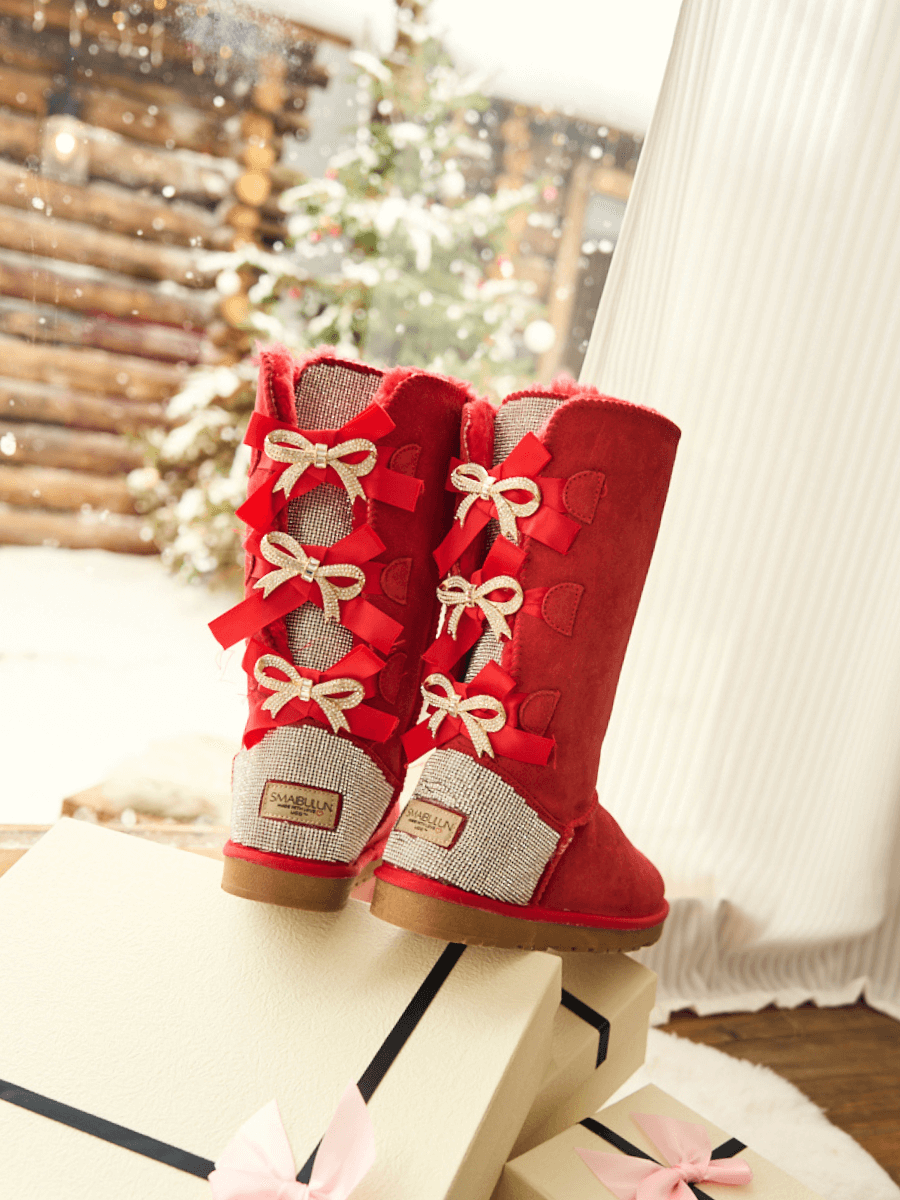 UGG Rhinestone Ribbon Tri-Tie Bow Suede Boots - Candy