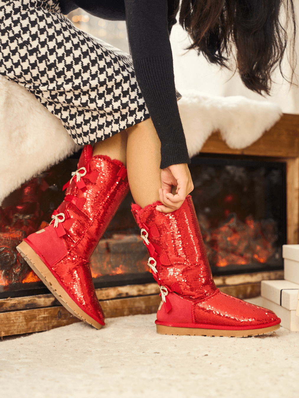 UGG Tay Swift Celebration Rhinestone Bailey Bow Sequin Boots - Red