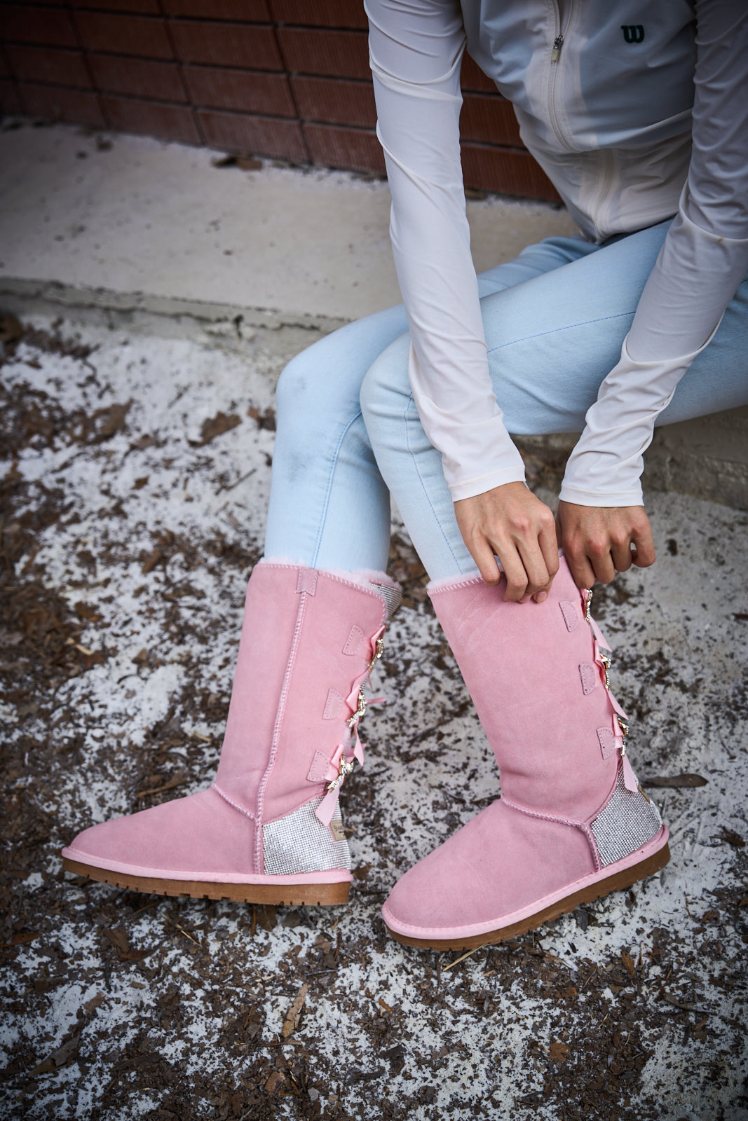 UGG Rhinestone Ribbon Tri-Tie Bow Suede Boots - Pink