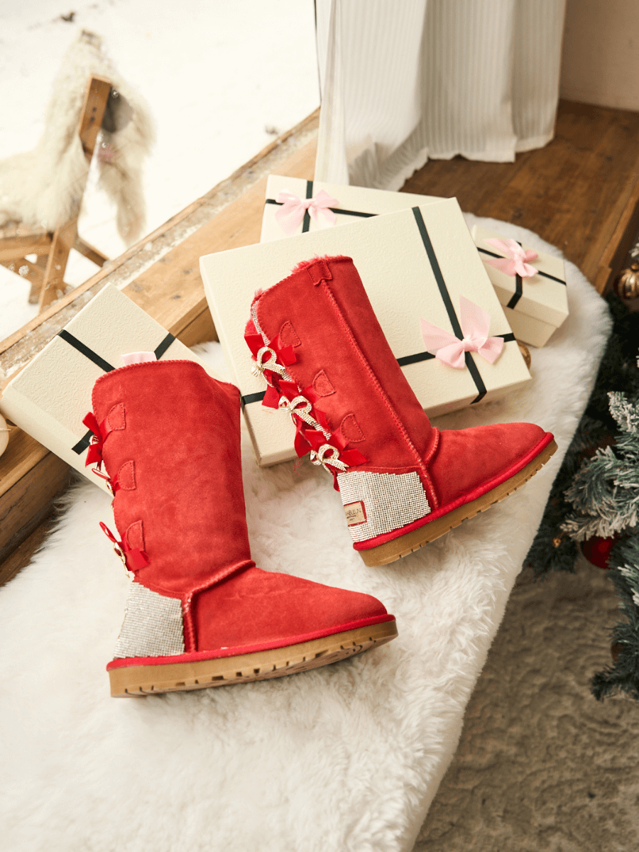 UGG Rhinestone Ribbon Tri-Tie Bow Suede Boots - Candy