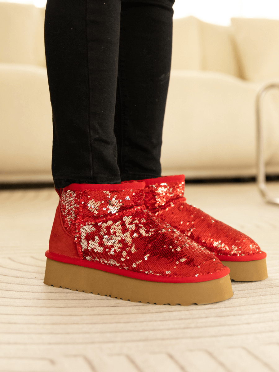 UGG Mini Glitter Low Ankle Platform Boots - Red