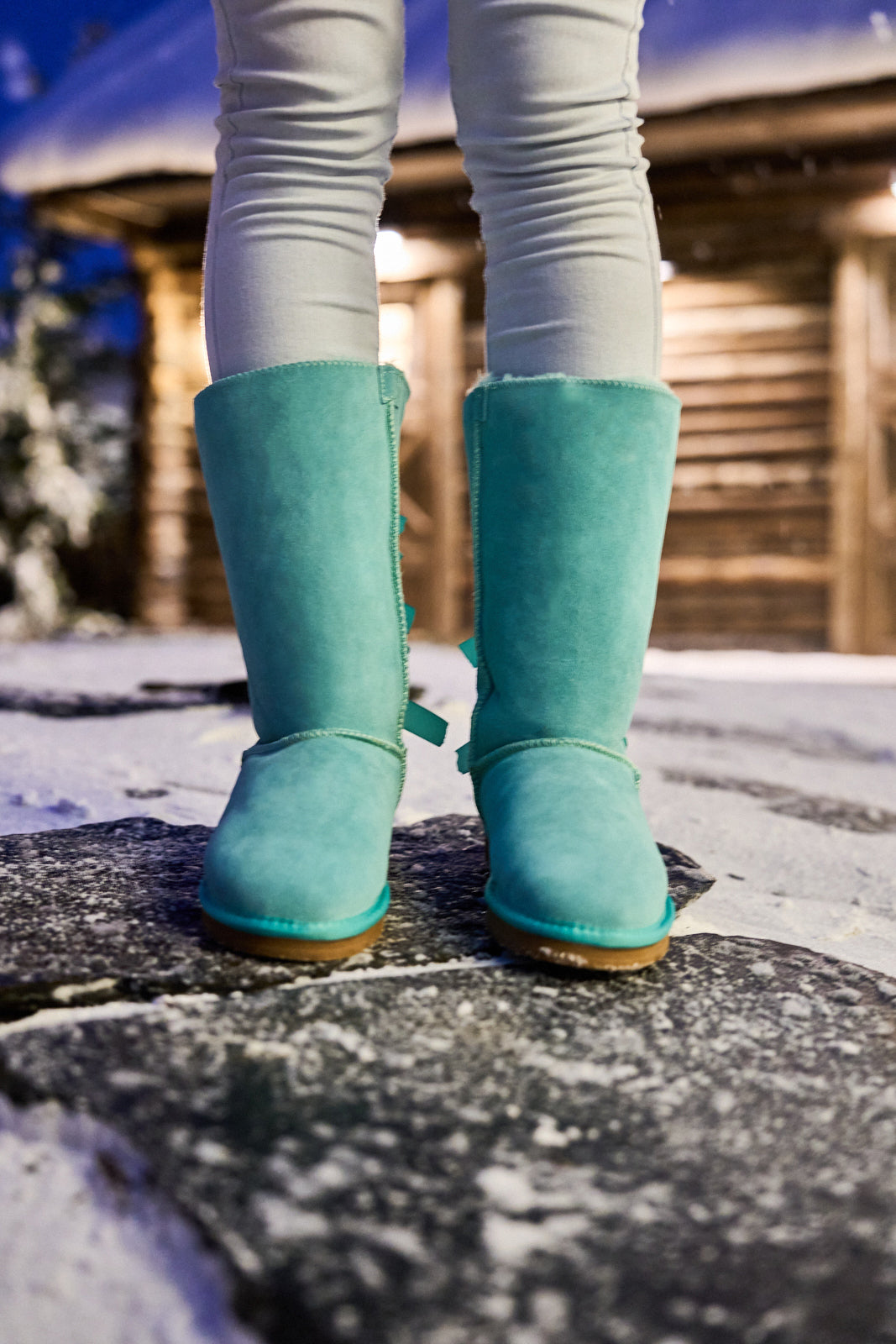 UGG Rhinestone Ribbon Tri-Tie Bow Suede Boots - Turquoise