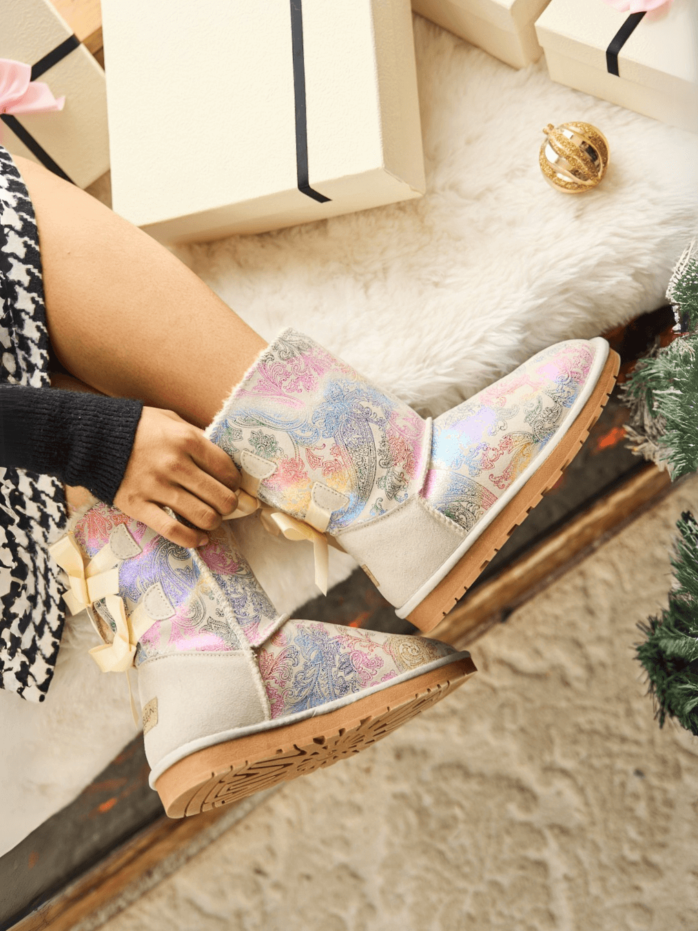 UGG Double Ballet Ribbon Bow Suede Shearling Boots - Multi