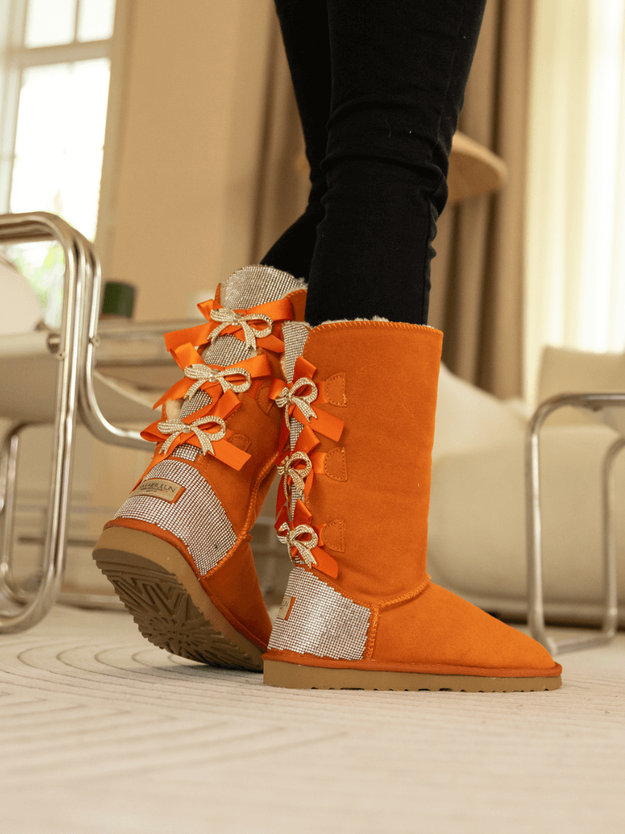 UGG Rhinestone Ribbon Tri-Tie Bow Suede Boots - Orange