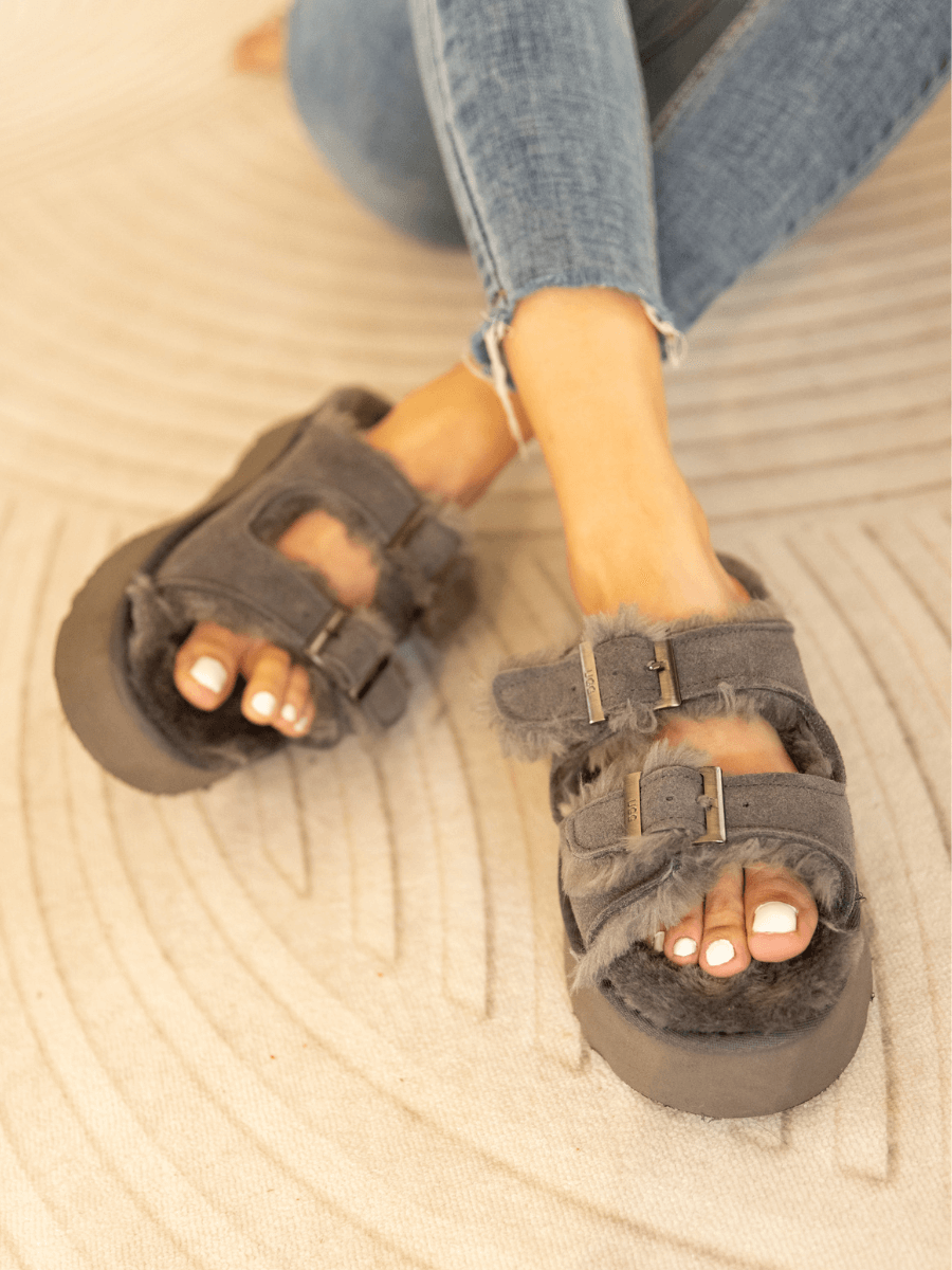 UGG Woolen Suede Double-Strap Platform Sandal - Grey