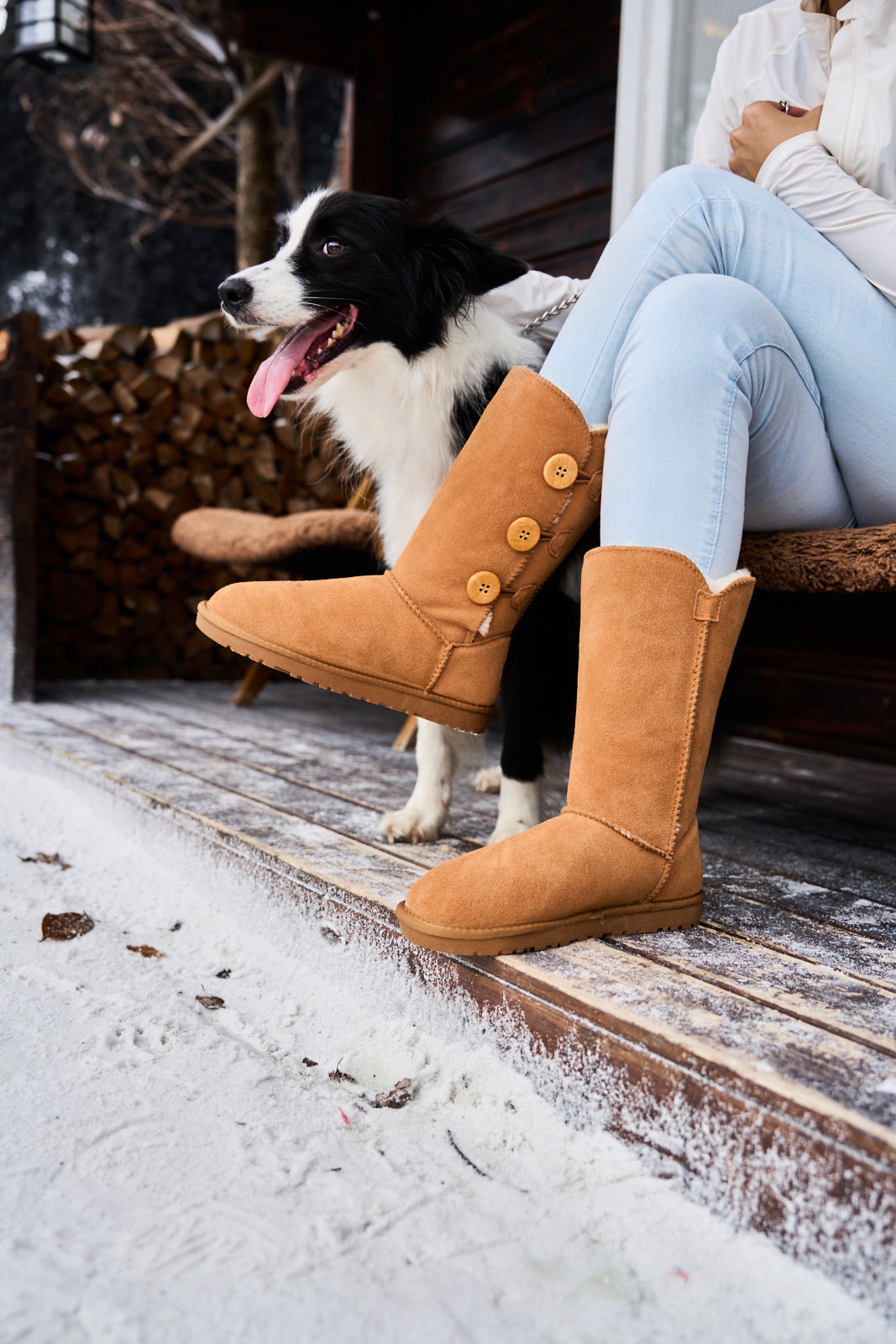 UGG Side Button Faux Fur-Lined Leather Suede Boots - Chestnut