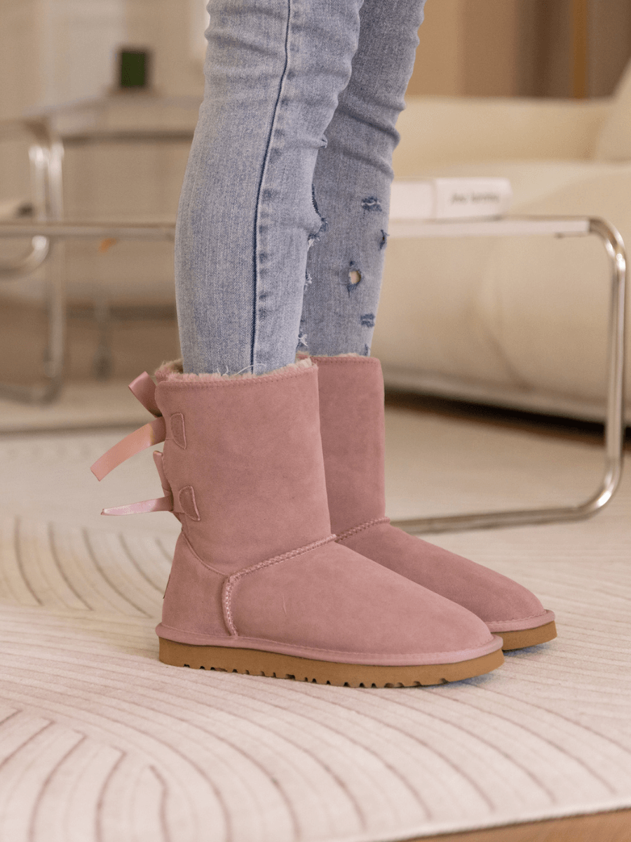 UGG Double Ballet Ribbon Bow Suede Shearling Boots - Taro