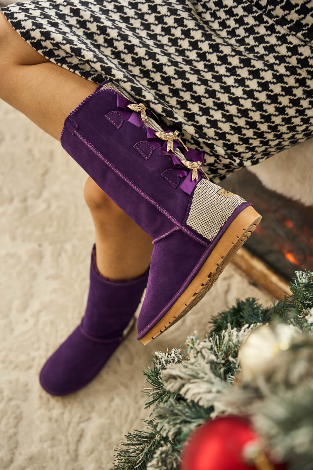 UGG Rhinestone Ribbon Tri-Tie Bow Suede Boots - Violet