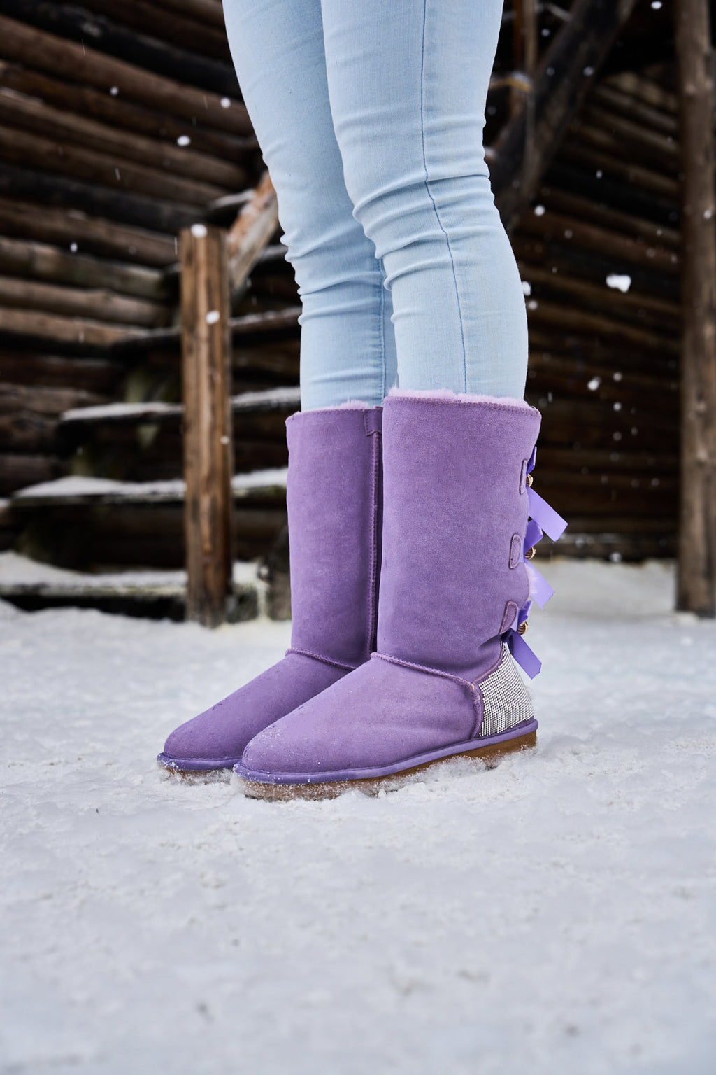 UGG Rhinestone Ribbon Tri-Tie Bow Suede Boots - Lavender