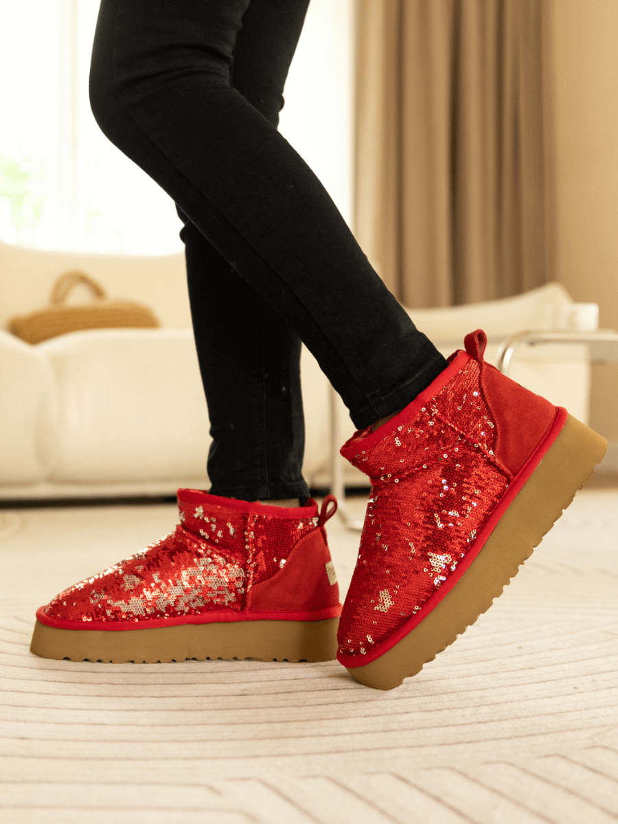 UGG Mini Glitter Low Ankle Platform Boots - Red