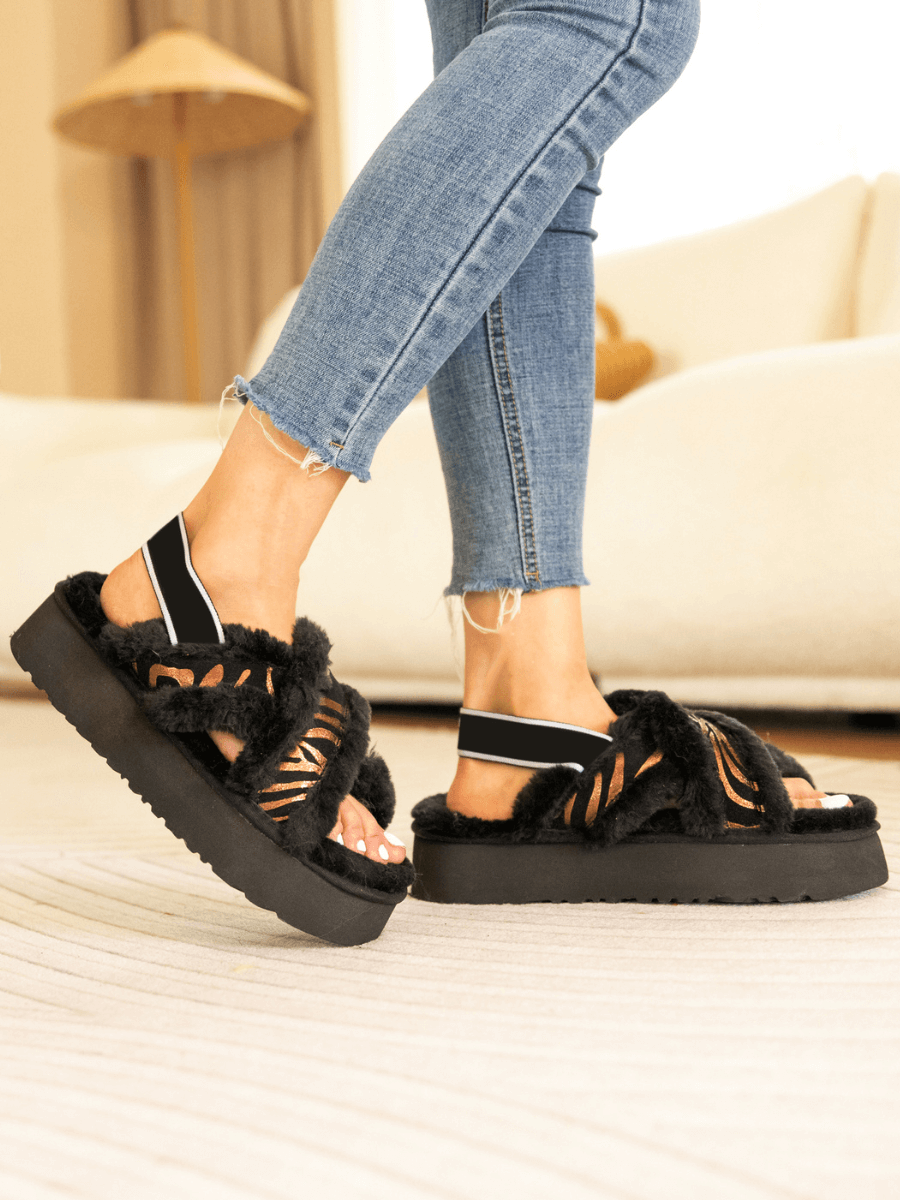 UGG Roar Wool-Lined Criss-Cross Strap Slipper - Black