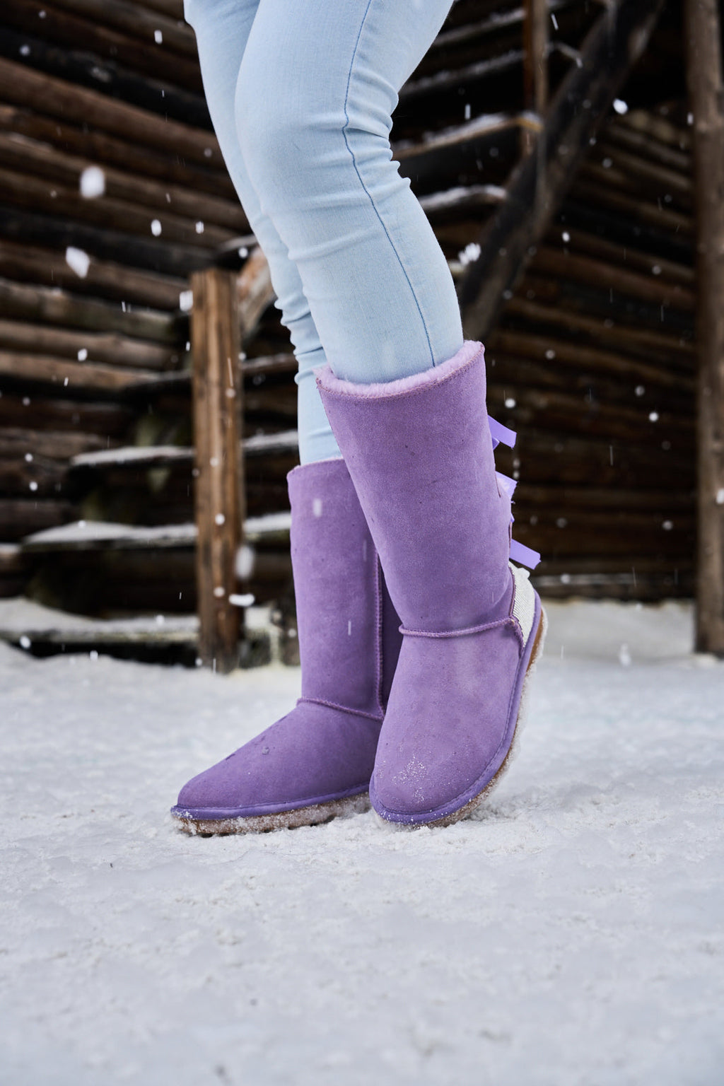 UGG Rhinestone Ribbon Tri-Tie Bow Suede Boots - Lavender