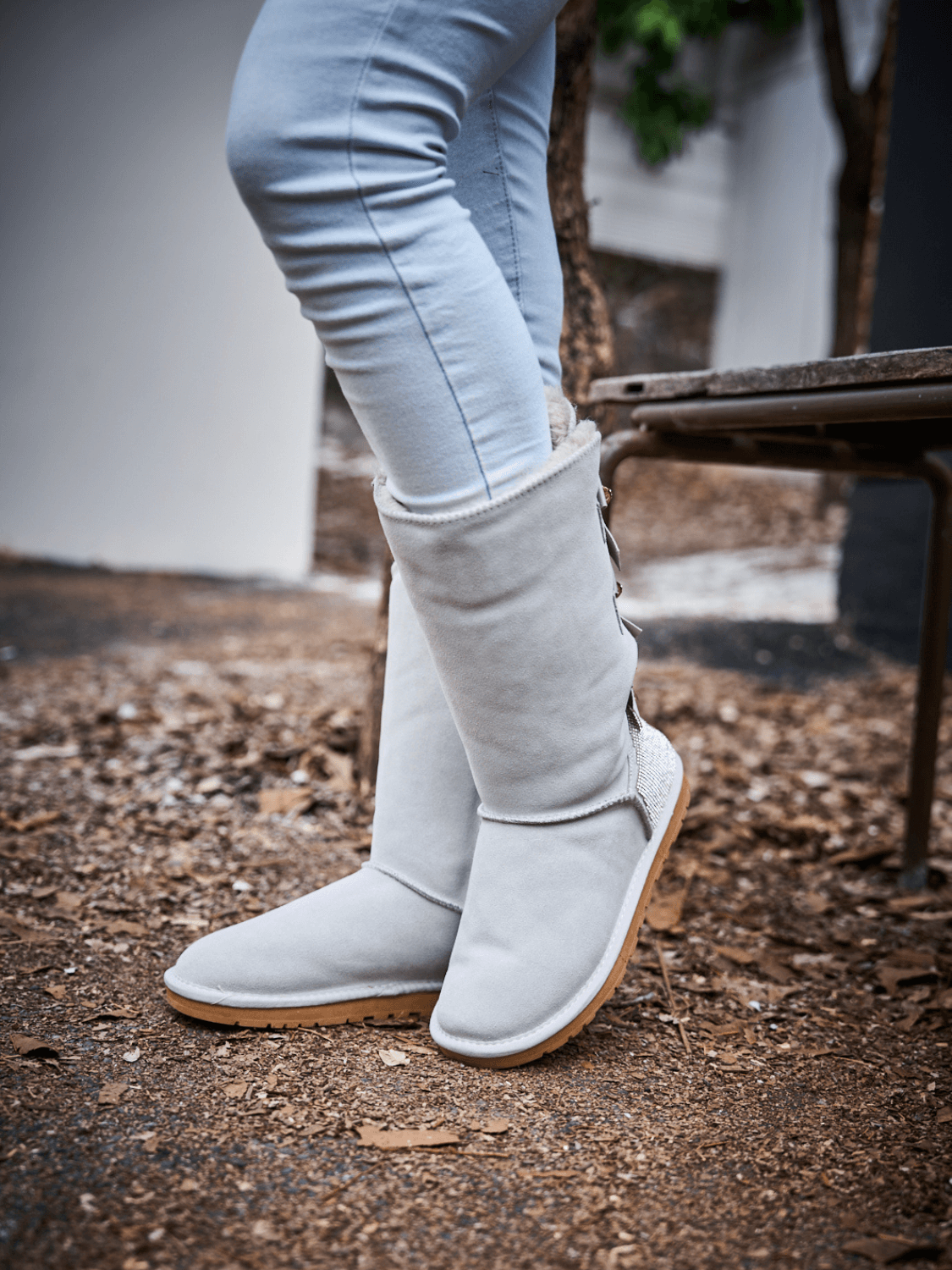 UGG Rhinestone Ribbon Tri-Tie Bow Suede Boots - Pale