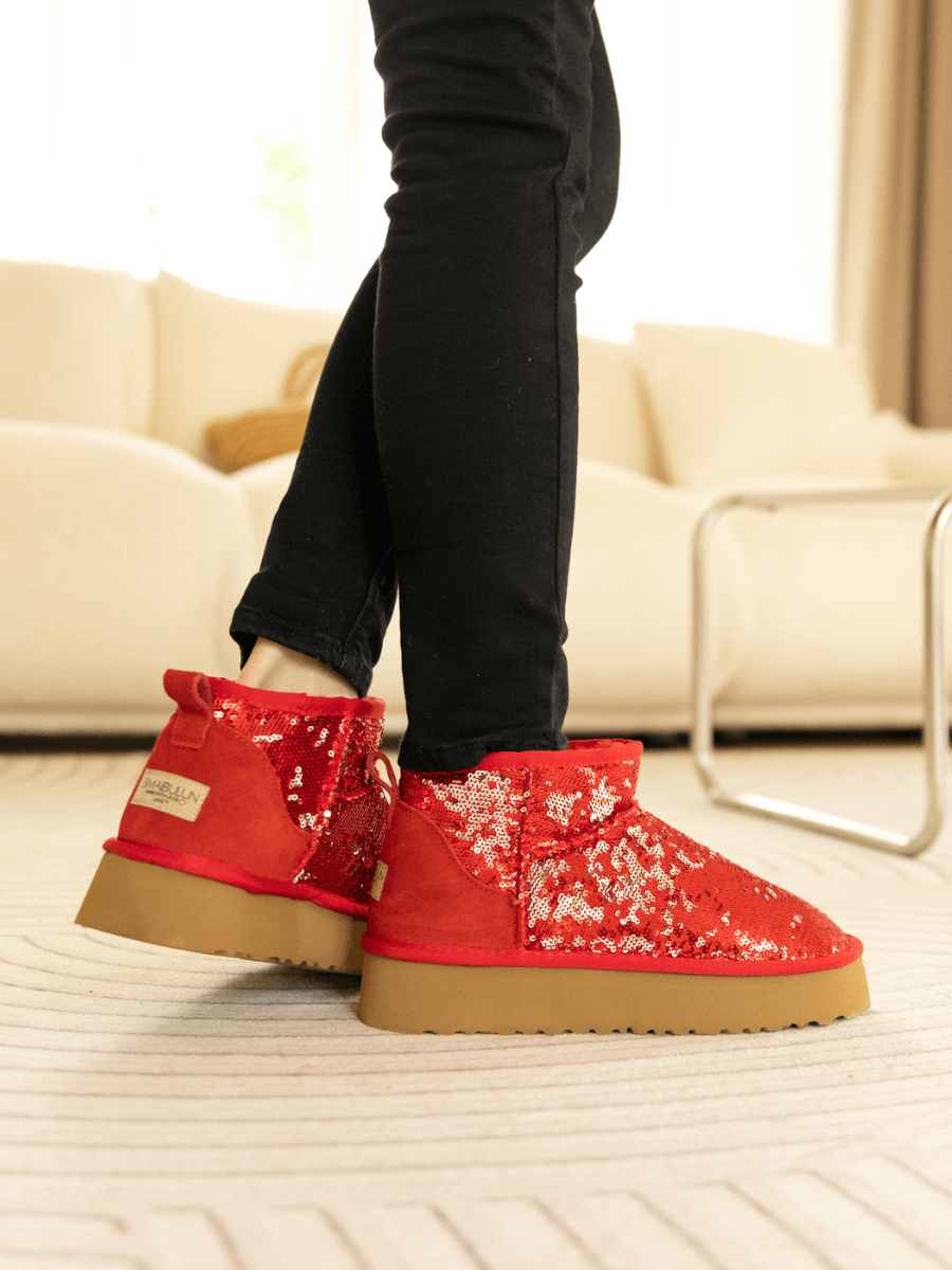 UGG Mini Glitter Low Ankle Platform Boots - Red