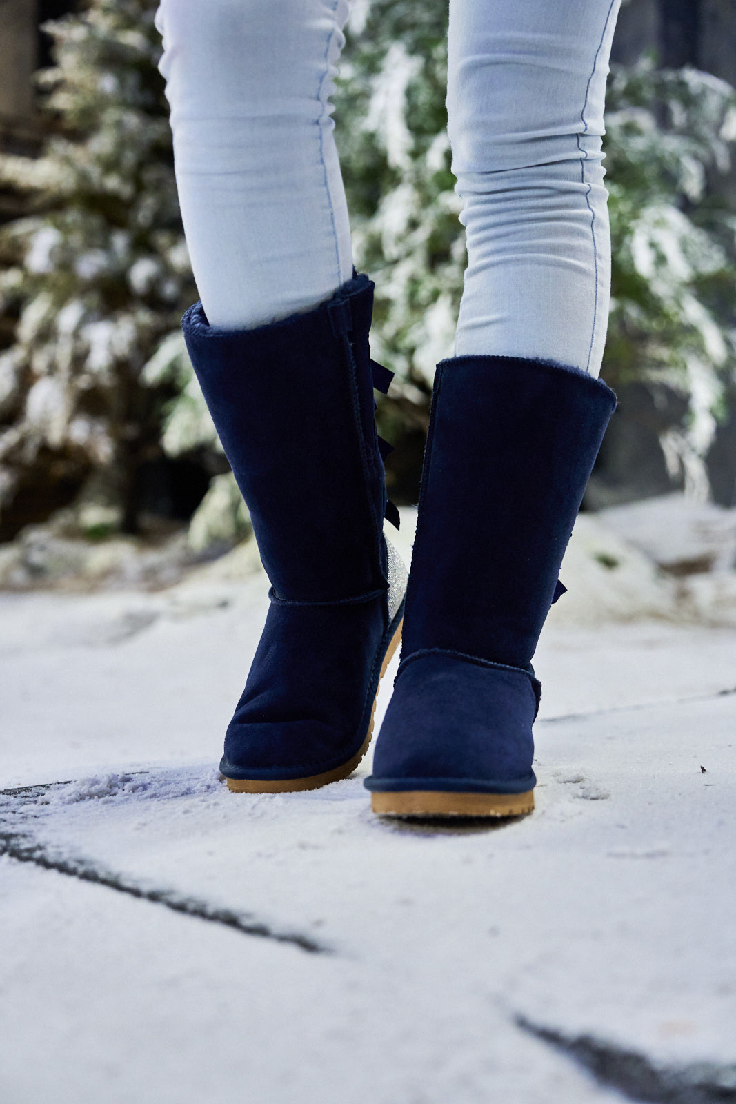 UGG Rhinestone Ribbon Tri-Tie Bow Suede Boots - Navy