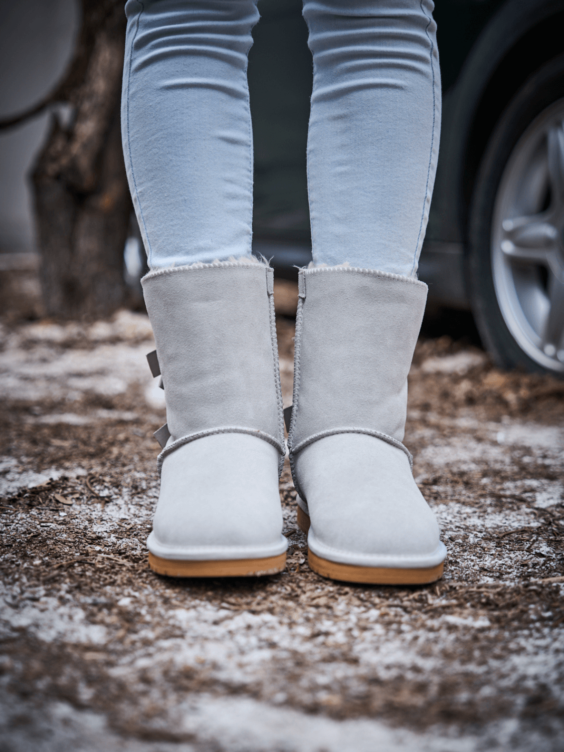 UGG Double Ballet Ribbon Bow Suede Shearling Boots - Pale