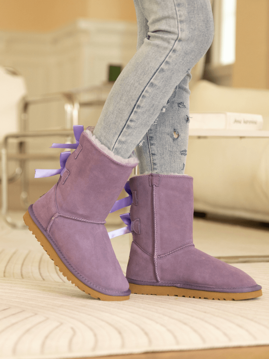 UGG Double Ballet Ribbon Bow Suede Shearling Boots - Lavender
