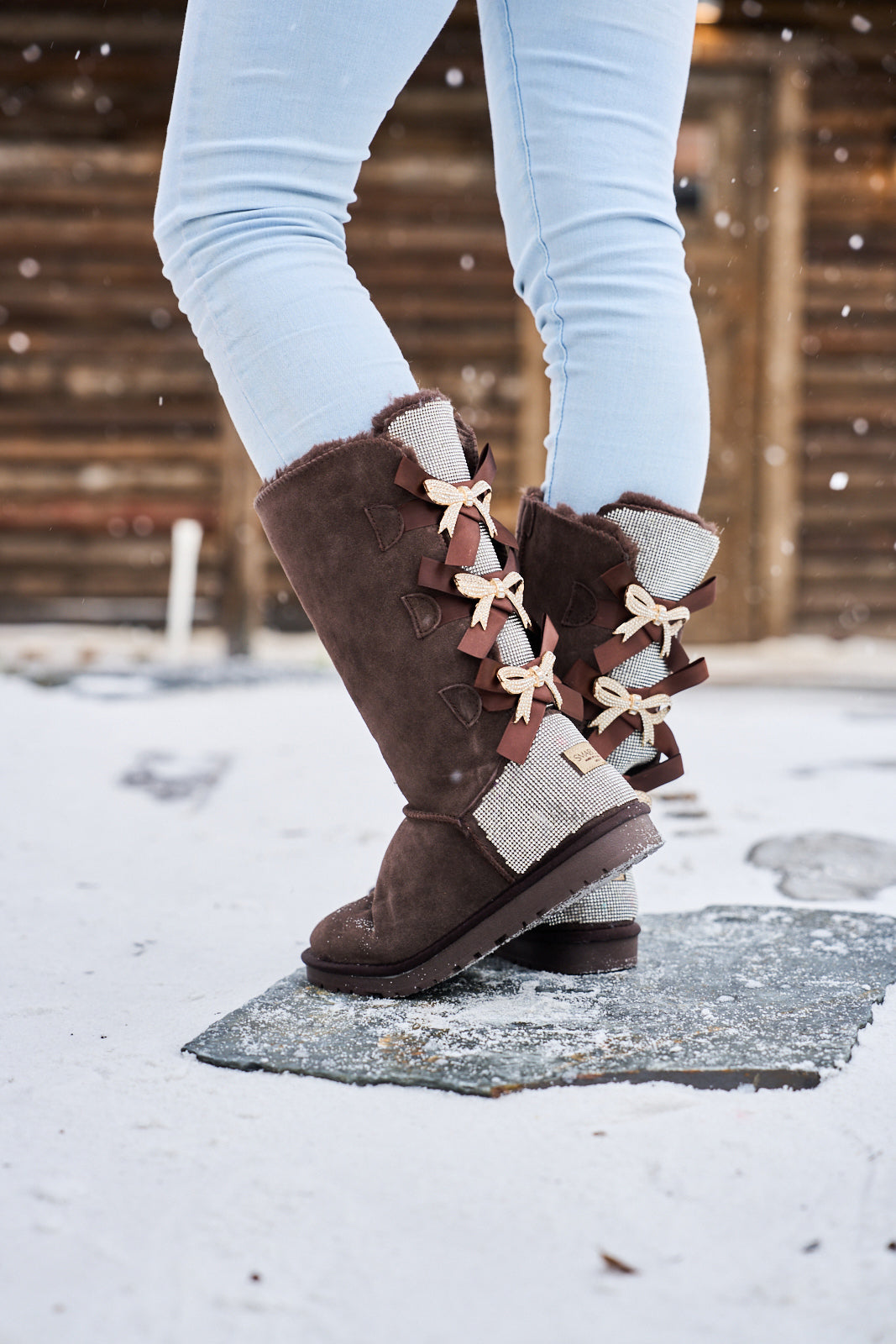 UGG Rhinestone Ribbon Tri-Tie Bow Suede Boots - Brown