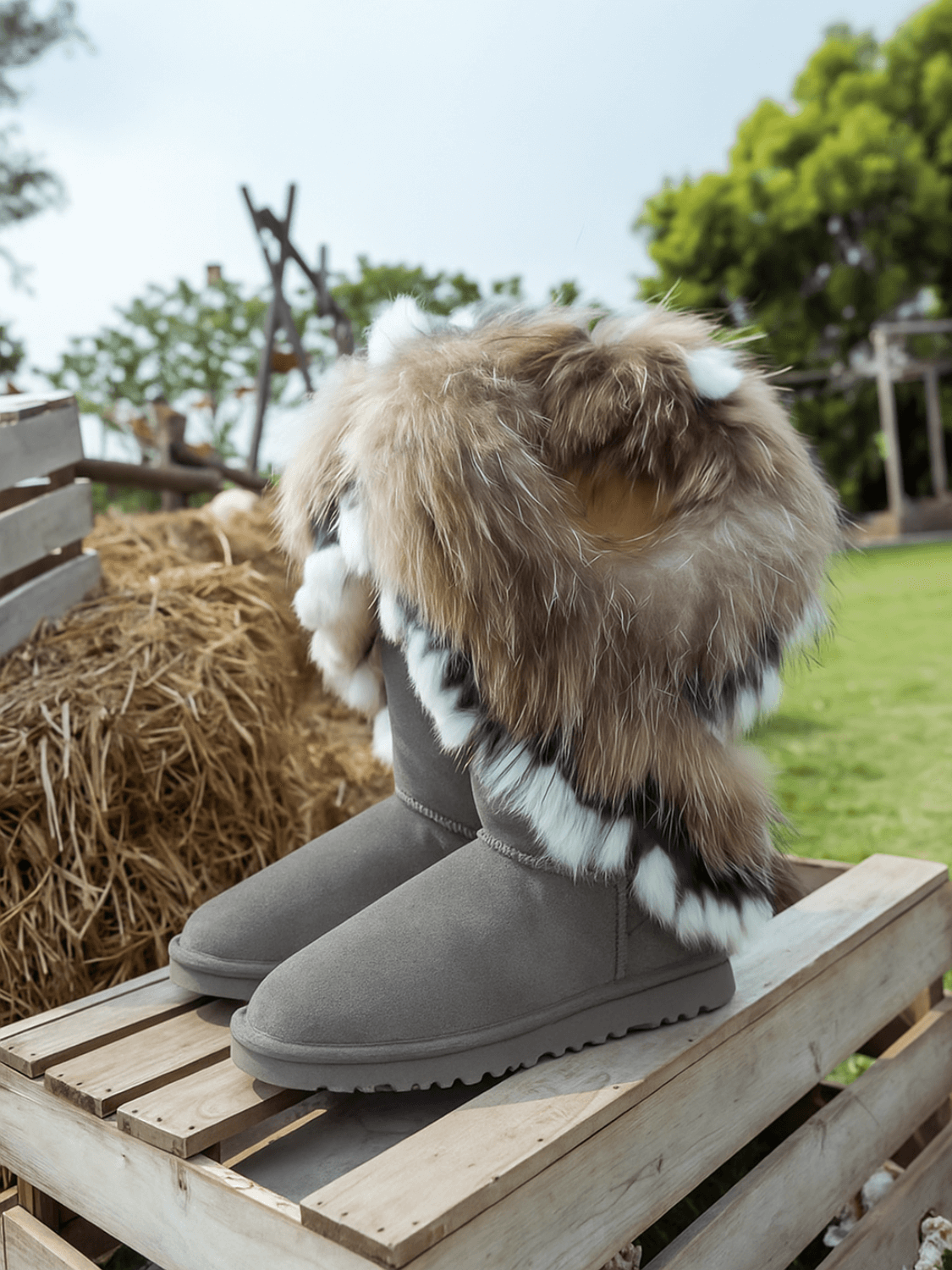 UGG Faux Fur Wool-Lined Grazing Calf Boots - Grey