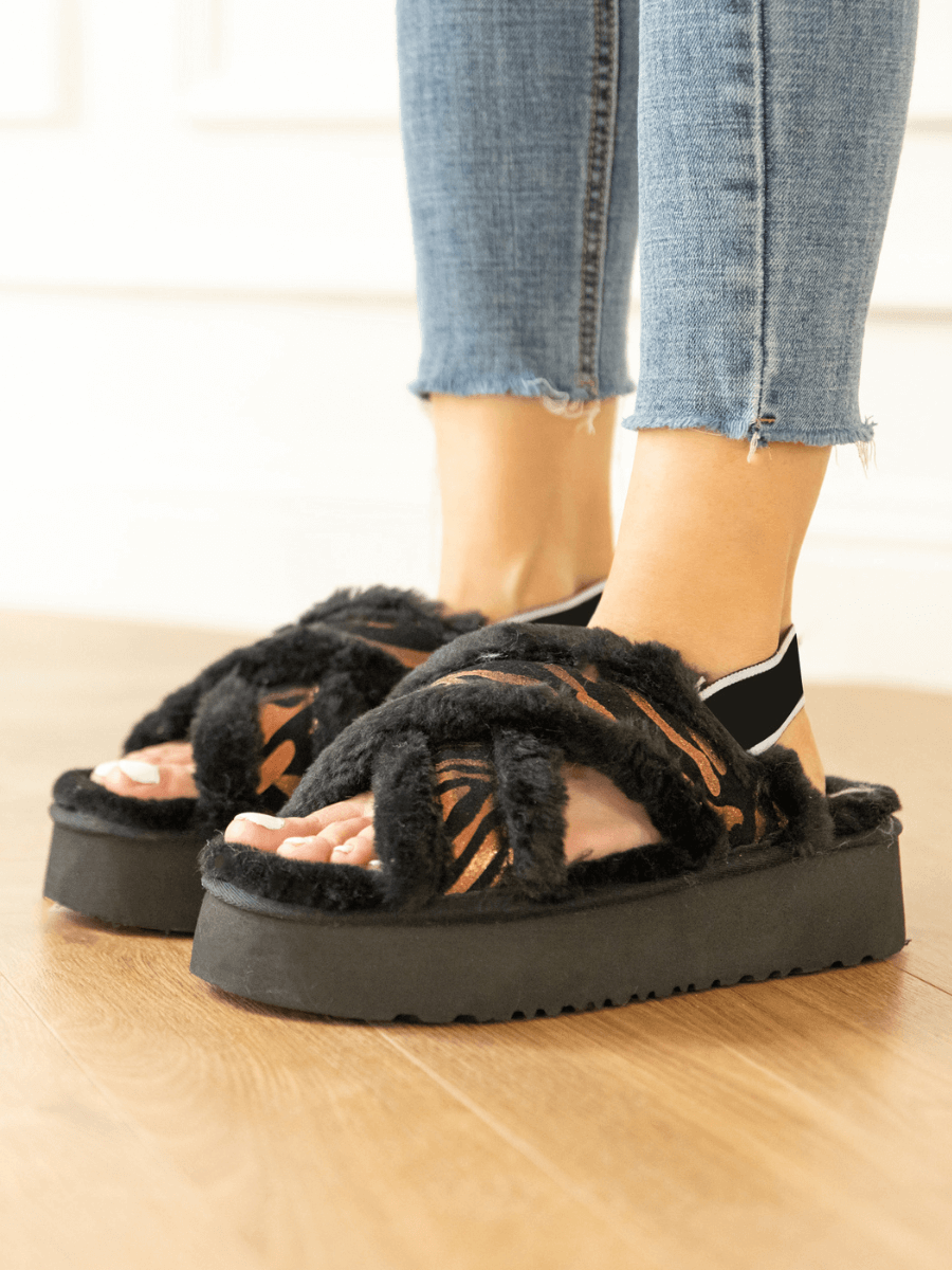 UGG Roar Wool-Lined Criss-Cross Strap Slipper - Black