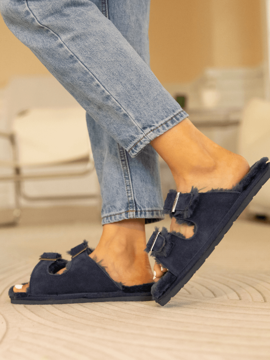 UGG Woolen Lined Double-Strap Suede Sandal - Navy